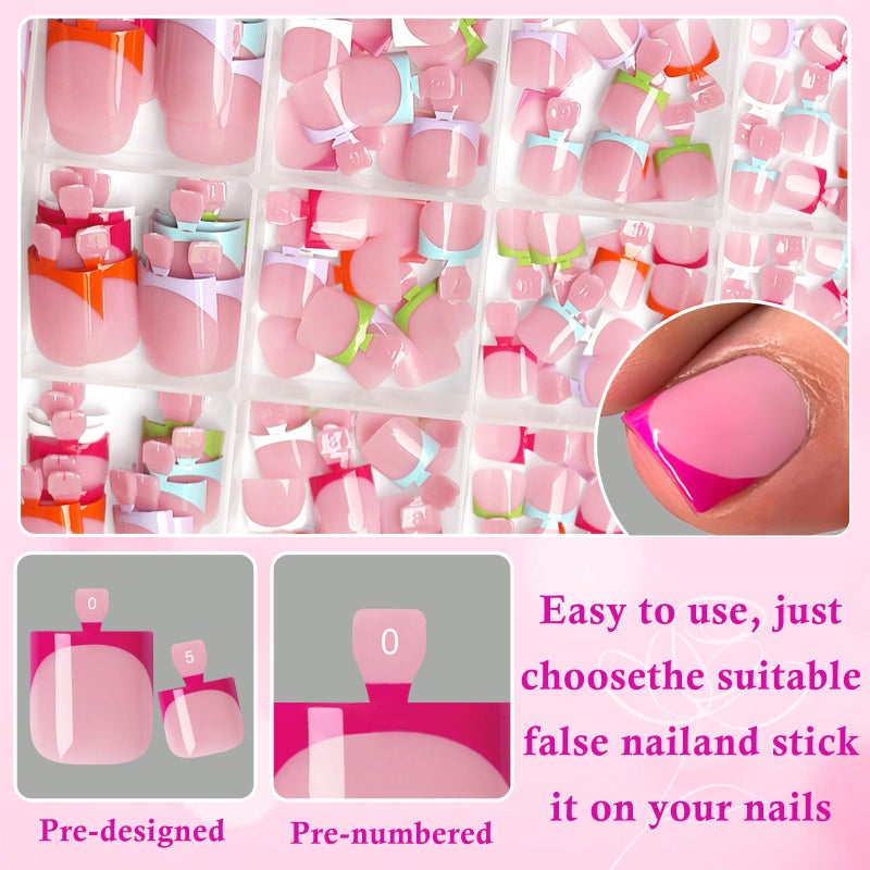 LuckForever 180pc French Tips Press on Toenails Women Glue on Toe Nails, Colorful French Fake Toe Nails Press ons Nail Square Acrylic Press on Toes Nail Tips Artificial Stick Toenail Tip 6 Colors - Image 3
